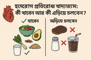 হৃদরোগ প্রতিরোধে খাদ্যাভ্যাস: কি খাবেন আর কি খাবেন না, তা চিত্রের মাধ্যমে বোঝানোর চেষ্টা করা হয়েছে।