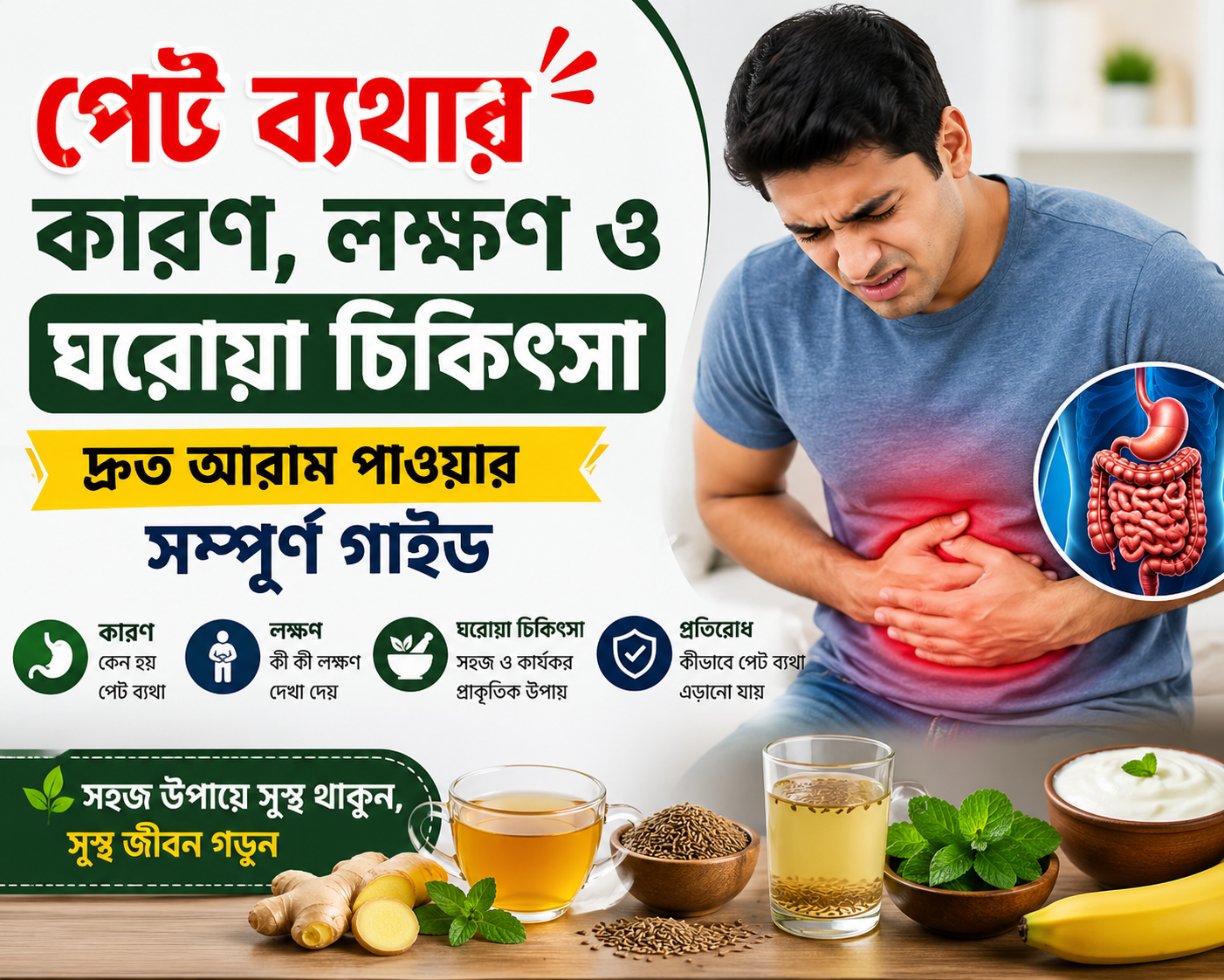 পেট ব্যথার কারণ, লক্ষণ ও ঘরোয়া চিকিৎসা – দ্রুত আরাম পাওয়ার উপায়