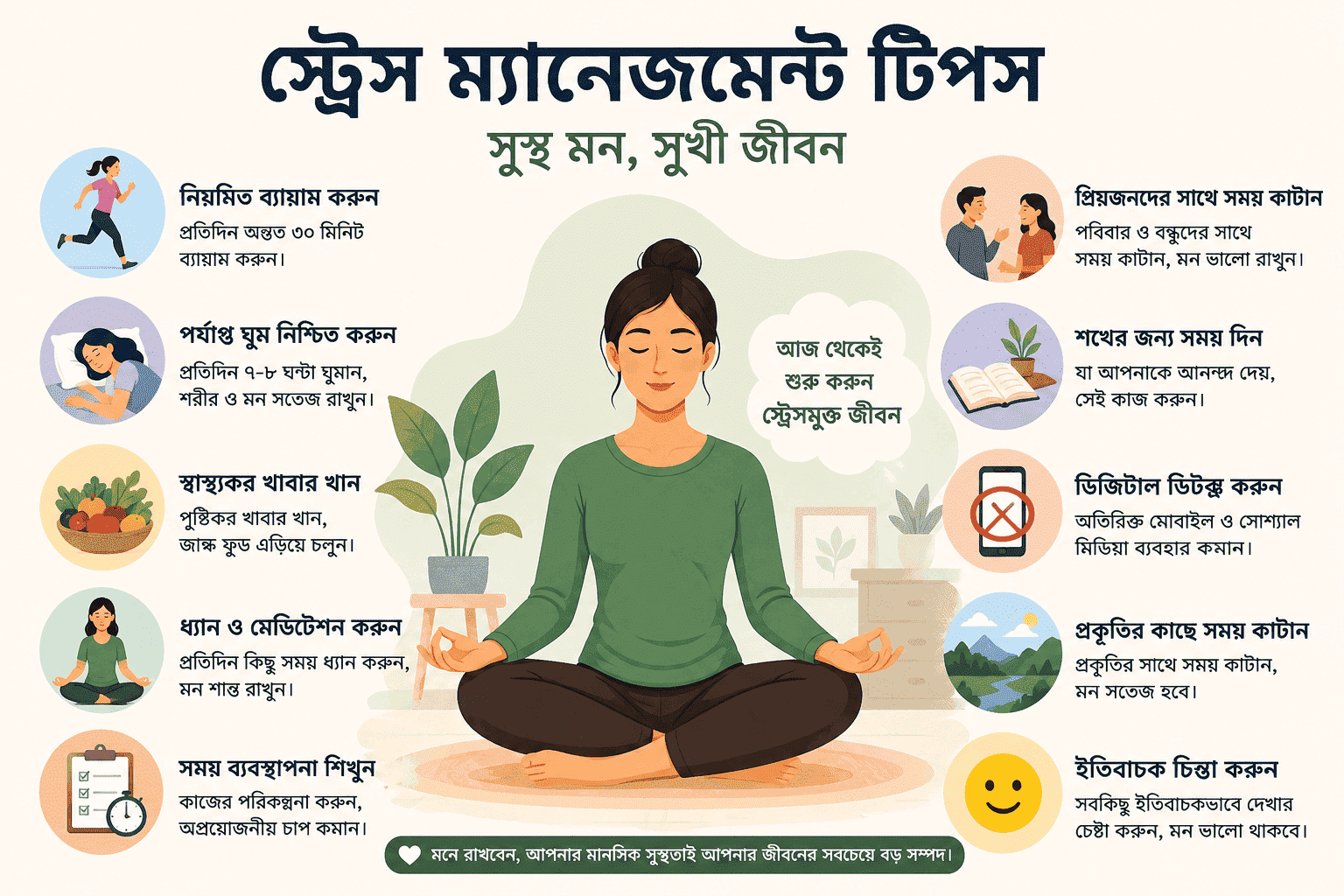 স্ট্রেস ম্যানেজমেন্ট টিপস নিয়ে বাংলা ইনফোগ্রাফিক, যেখানে ব্যায়াম, মেডিটেশন, পর্যাপ্ত ঘুম ও স্বাস্থ্যকর জীবনযাপনের পরামর্শ দেওয়া হয়েছে।