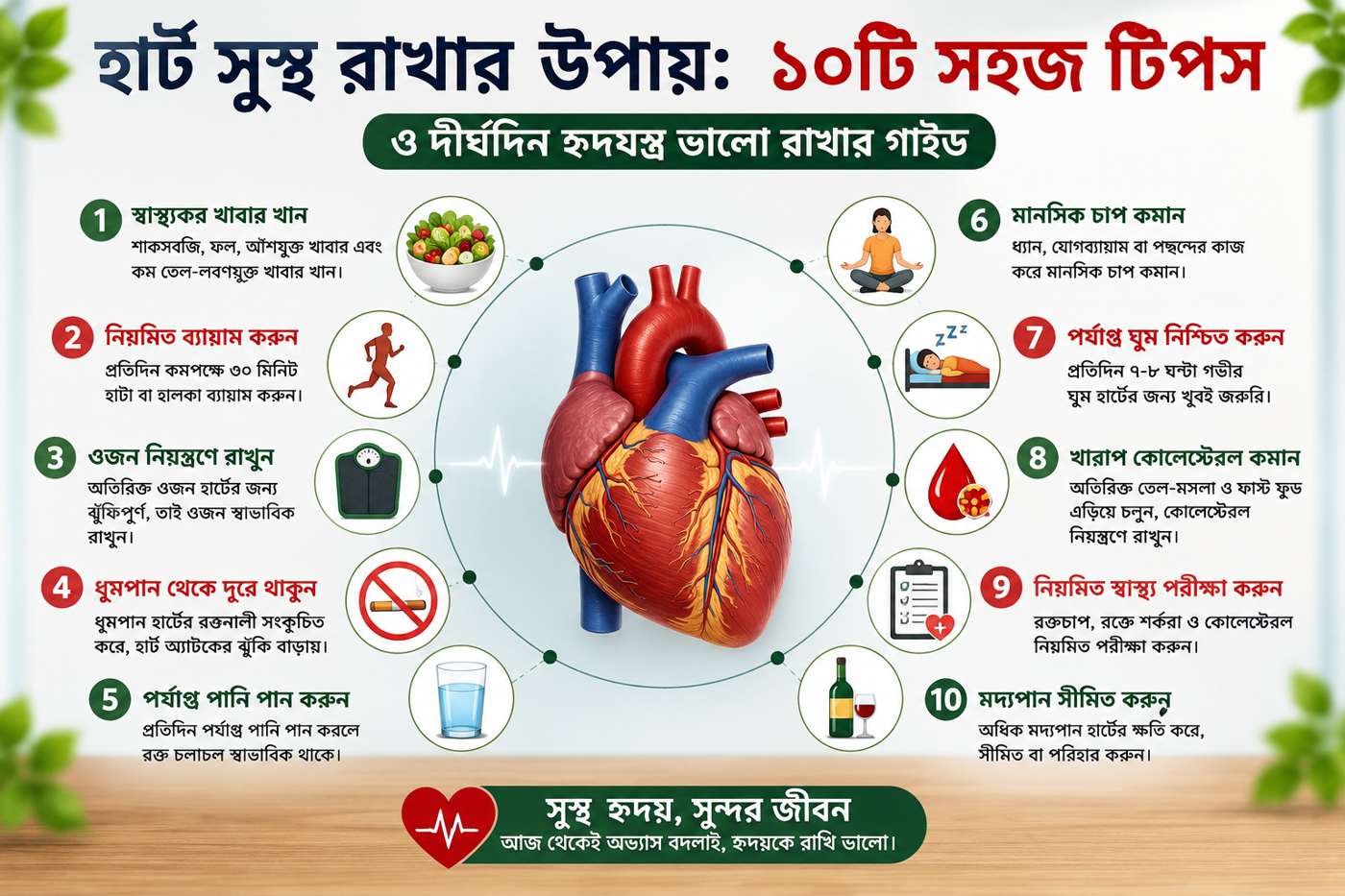 হার্ট সুস্থ রাখার ১০টি সহজ টিপস নিয়ে বাংলা ইনফোগ্রাফিক, যেখানে স্বাস্থ্যকর খাবার, ব্যায়াম, পর্যাপ্ত ঘুম, ধূমপান বর্জন এবং হৃদযন্ত্র ভালো রাখার উপায় দেখানো হয়েছে। উচ্চ রক্তচাপ নিয়ন্ত্রণের ঘরোয়া টিপস এর কথা বলা হয়েছে।