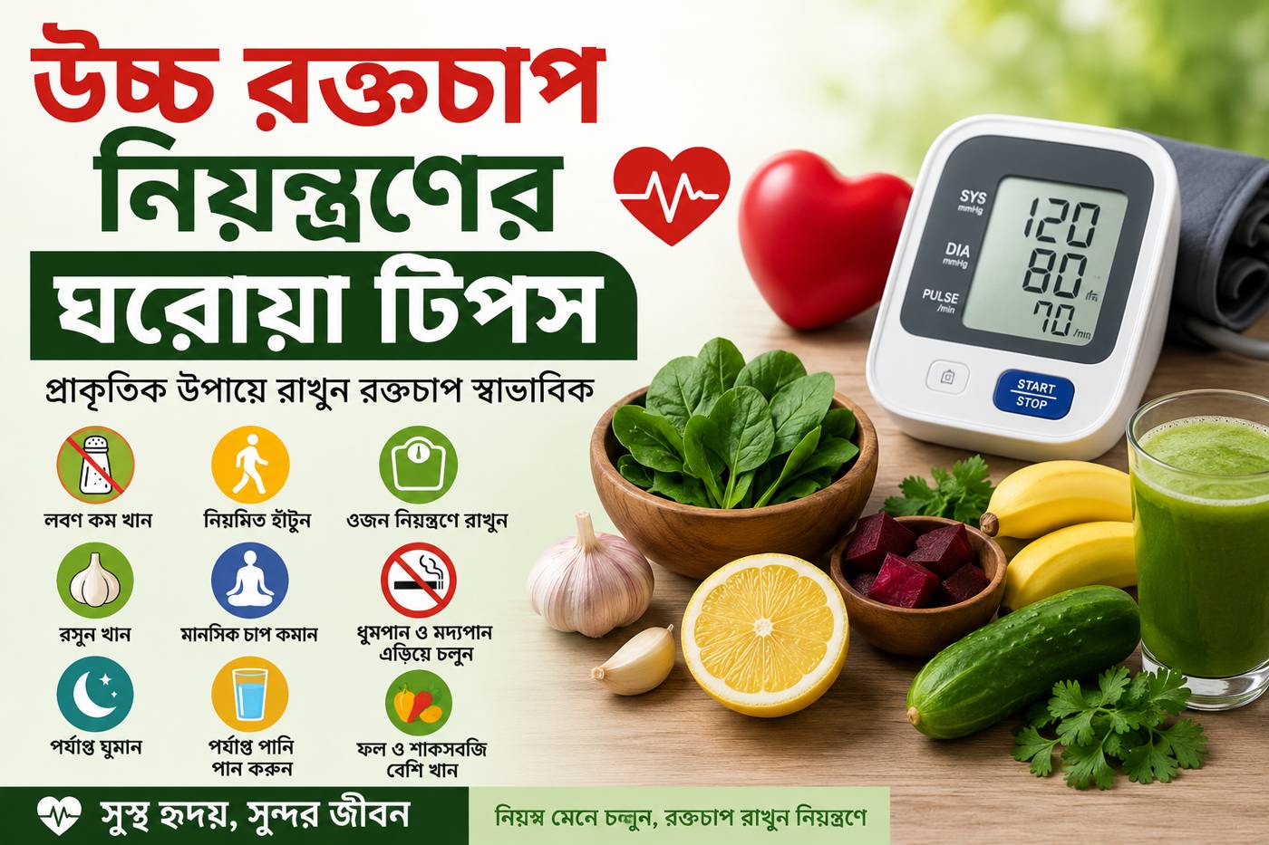 উচ্চ রক্তচাপ নিয়ন্ত্রণের ঘরোয়া টিপস সম্পর্কিত ইনফোগ্রাফিক যেখানে স্বাস্থ্যকর খাবার, রক্তচাপ মাপার মেশিন এবং প্রাকৃতিক উপায়ে ব্লাড প্রেসার নিয়ন্ত্রণের পরামর্শ দেখানো হয়েছে। এখানে উচ্চ রক্তচাপ নিয়ন্ত্রণের ঘরোয়া টিপস দেখানো হয়েছে।