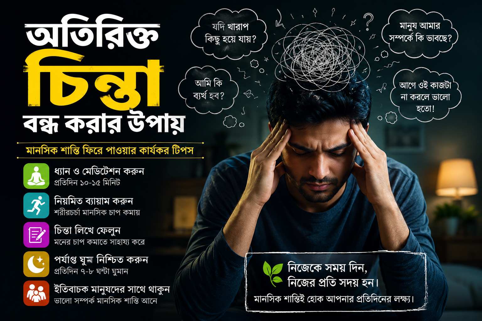অতিরিক্ত চিন্তায় ভুগছেন এমন একজন মানুষের মানসিক চাপ ও Overthinking কমানোর উপায় সম্পর্কিত বাংলা ইনফোগ্রাফিক। অতিরিক্ত চিন্তা বন্ধ করার উপায় নিজেই বের করার চেষ্টা করুন।