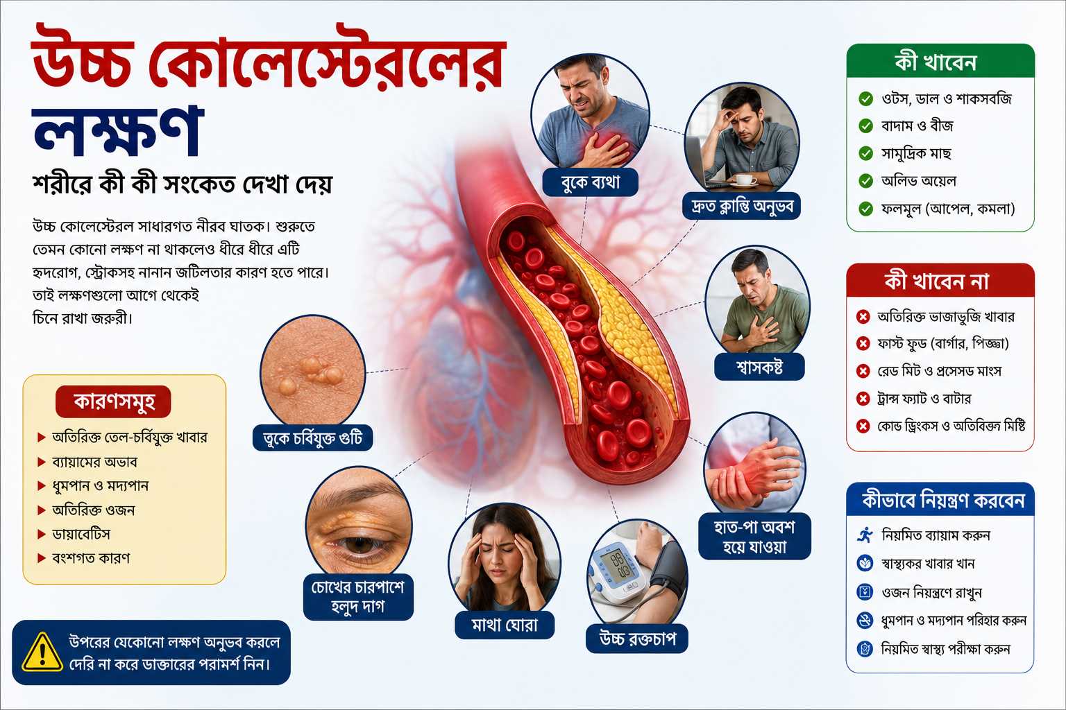 উচ্চ কোলেস্টেরলের লক্ষণ, কারণ ও নিয়ন্ত্রণের উপায় সম্পর্কিত বাংলা স্বাস্থ্য ইনফোগ্রাফিক