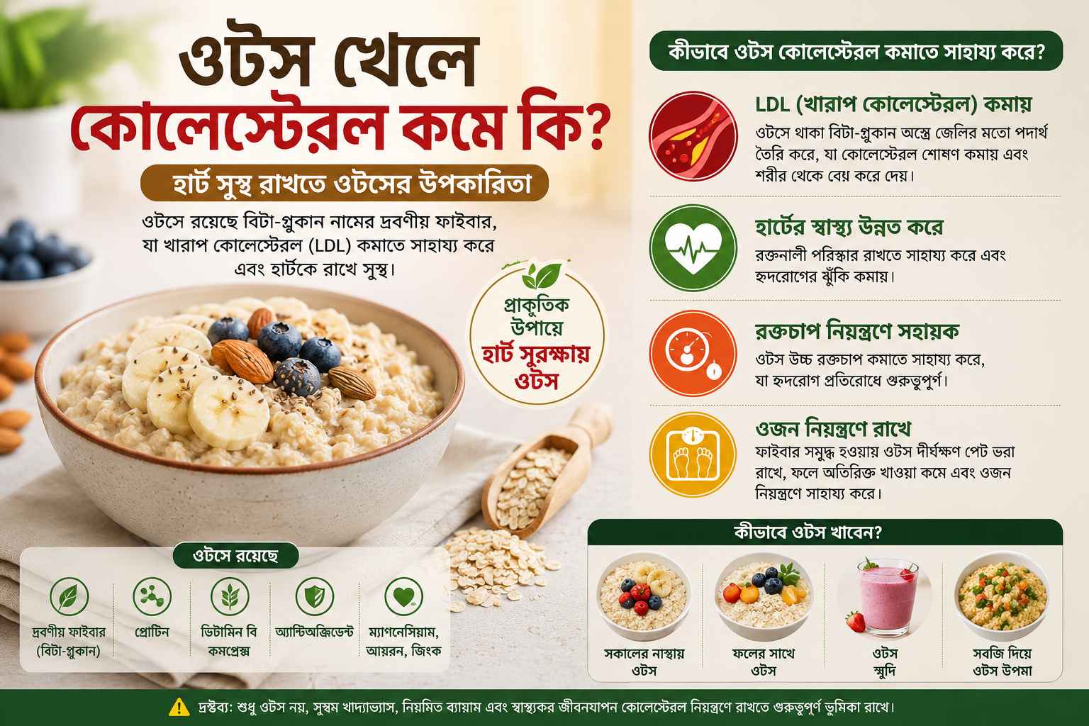 ওটস খেলে কোলেস্টেরল কমে কি বিষয়ক বাংলা ইনফোগ্রাফিক, যেখানে ওটসের উপকারিতা, LDL কোলেস্টেরল কমানো এবং হার্ট সুস্থ রাখার তথ্য দেখানো হয়েছে।