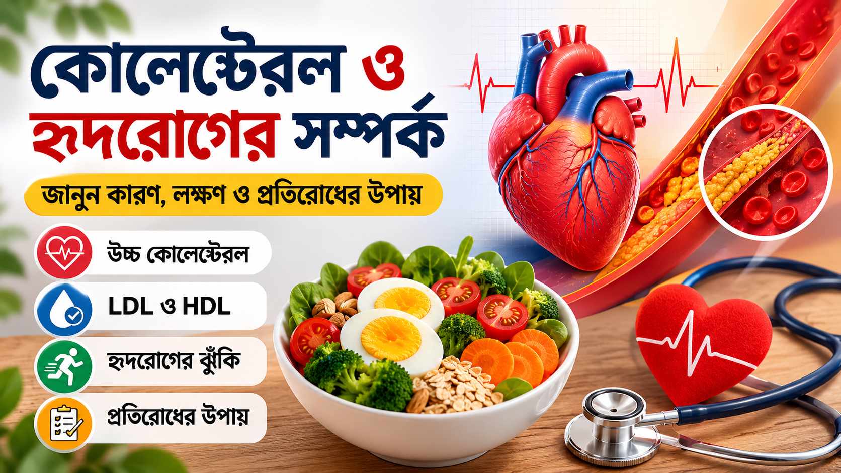কোলেস্টেরল ও হৃদরোগের সম্পর্ক নিয়ে সচেতনতামূলক ছবি যেখানে হার্ট, রক্তনালি, LDL ও HDL কোলেস্টেরল দেখানো হয়েছে।