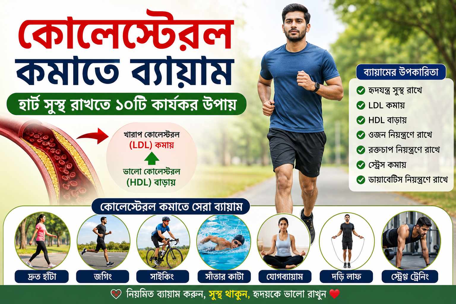 কোলেস্টেরল কমাতে ব্যায়াম করছেন একজন যুবক, সঙ্গে হাঁটা, জগিং, সাইক্লিং, সাঁতার ও যোগব্যায়ামের উপকারিতা দেখানো হয়েছে।