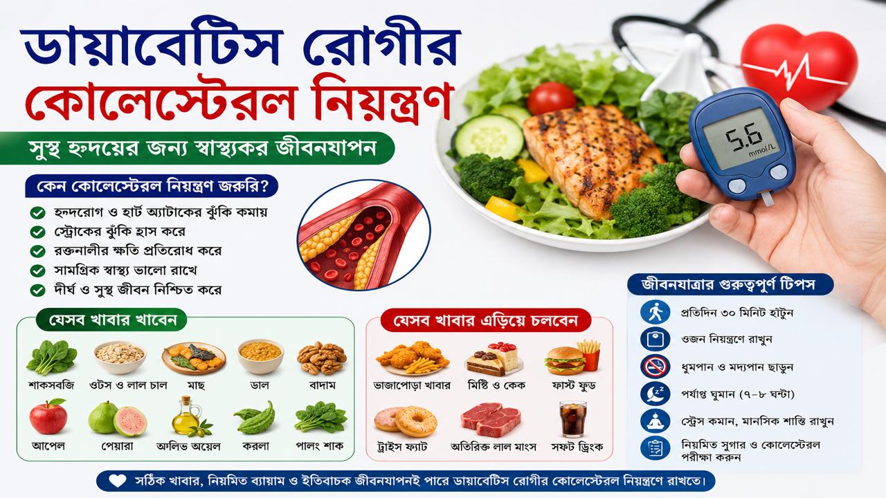 ডায়াবেটিস রোগীর কোলেস্টেরল নিয়ন্ত্রণের উপায়, স্বাস্থ্যকর খাবার, ব্যায়াম ও হার্ট সুস্থ রাখার বাংলা ইনফোগ্রাফিক