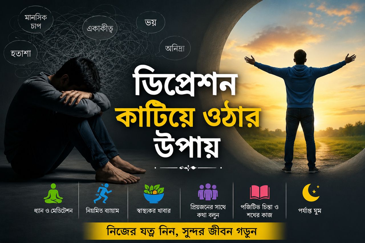 ডিপ্রেশন কাটিয়ে ওঠার উপায় নিয়ে বাংলা ইনফোগ্রাফিক, যেখানে মানসিক চাপ, একাকীত্ব, মেডিটেশন, ব্যায়াম, স্বাস্থ্যকর খাবার ও ইতিবাচক জীবনের বার্তা দেখানো হয়েছে।