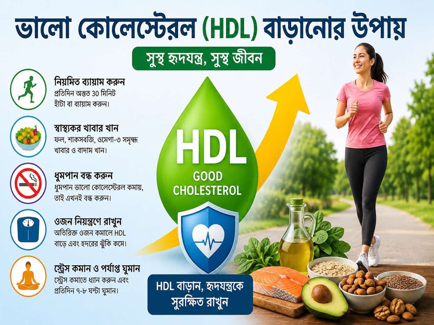ভালো কোলেস্টেরল (HDL) বাড়ানোর উপায় নিয়ে স্বাস্থ্য সচেতনতা ইনফোগ্রাফিক যেখানে ব্যায়াম, স্বাস্থ্যকর খাবার ও হার্ট সুস্থ রাখার টিপস দেখানো হয়েছে।