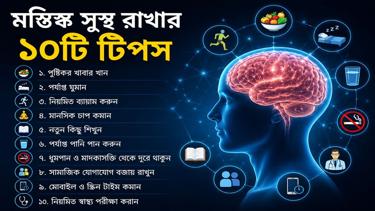মস্তিষ্ক সুস্থ রাখার ১০টি কার্যকর টিপস নিয়ে বাংলা ইনফোগ্রাফিক, যেখানে ব্রেইন হেলথ, স্মৃতিশক্তি বৃদ্ধি, স্বাস্থ্যকর খাবার, ব্যায়াম ও ঘুমের গুরুত্ব দেখানো হয়েছে।