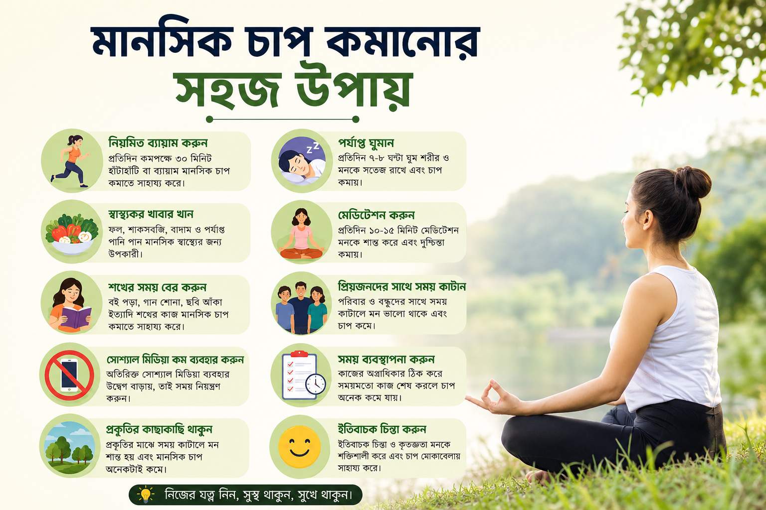 মানসিক চাপ কমানোর সহজ উপায় নিয়ে বাংলা ইনফোগ্রাফিক যেখানে ব্যায়াম, মেডিটেশন, পর্যাপ্ত ঘুম ও স্বাস্থ্যকর জীবনযাপনের টিপস দেখানো হয়েছে।