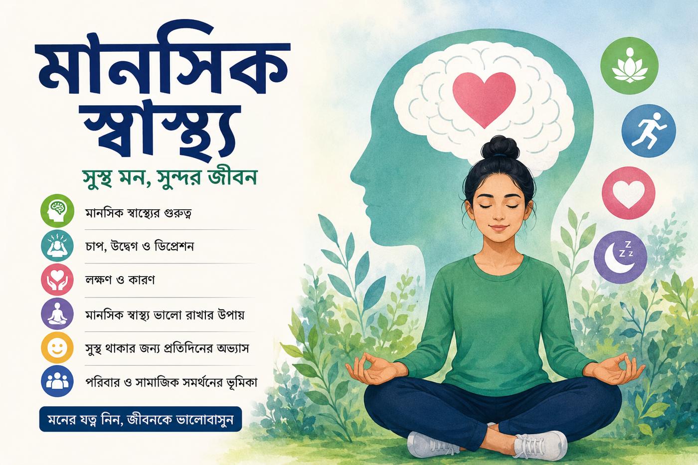 ধ্যানরত একজন নারীর মাধ্যমে মানসিক স্বাস্থ্য, স্ট্রেস কমানো, উদ্বেগ নিয়ন্ত্রণ ও মানসিক সুস্থতা বিষয়ক বাংলা ইনফোগ্রাফিক। মানসিক স্বাস্থ্য ভালো রাখার উপায় দেখানো হয়েছে ।