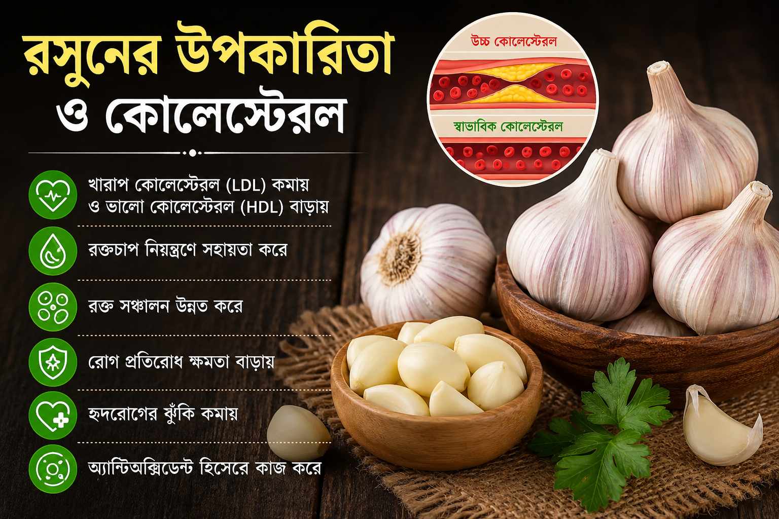 রসুনের উপকারিতা ও কোলেস্টেরল নিয়ন্ত্রণ নিয়ে বাংলা ইনফোগ্রাফিক, যেখানে রসুনের স্বাস্থ্য উপকারিতা ও হার্টের জন্য এর কার্যকারিতা দেখানো হয়েছে।