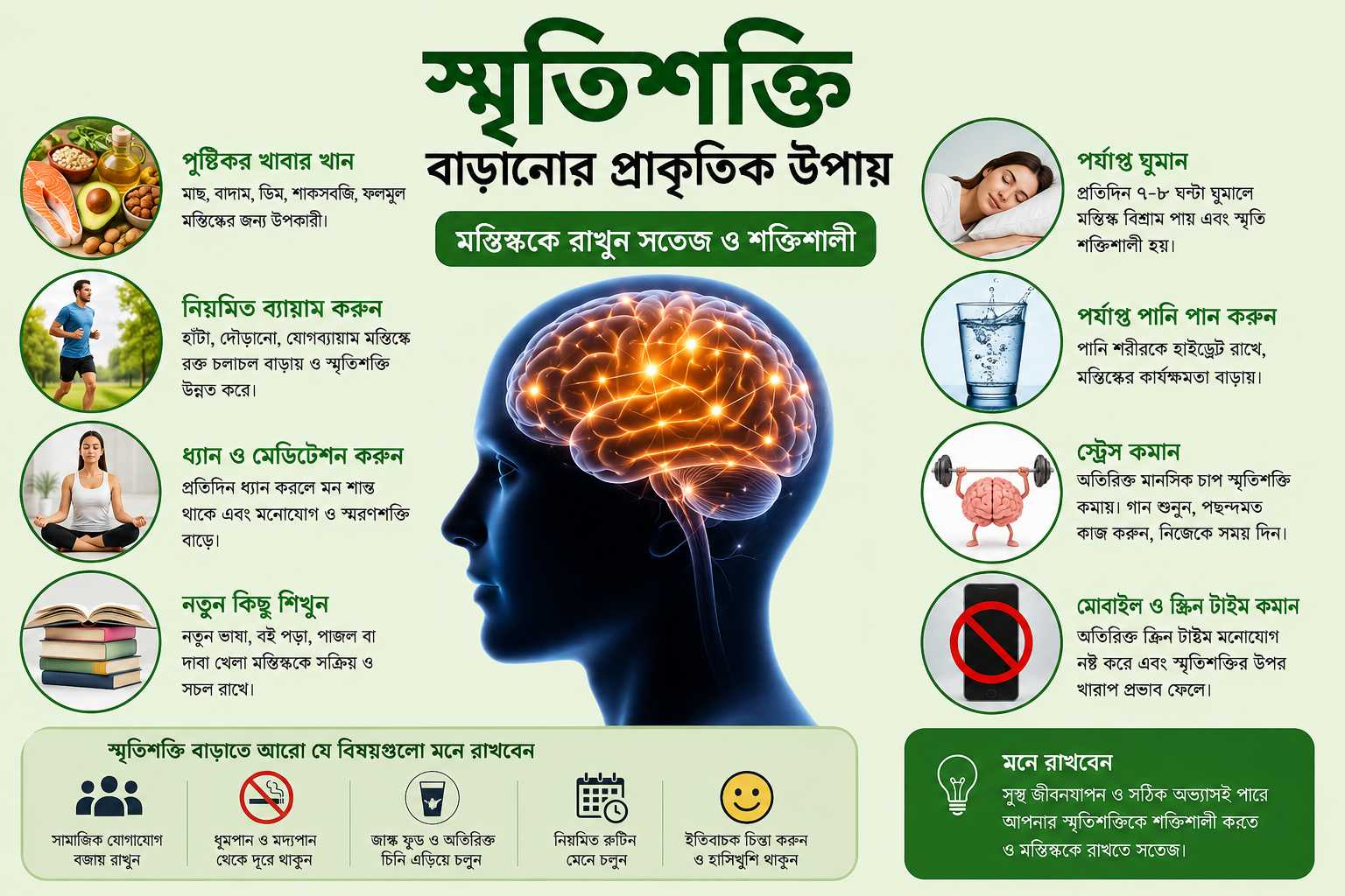 স্মৃতিশক্তি বাড়ানোর প্রাকৃতিক উপায় নিয়ে ইনফোগ্রাফিক যেখানে স্বাস্থ্যকর খাবার, ব্যায়াম, ঘুম ও মেডিটেশনের উপকারিতা দেখানো হয়েছে।